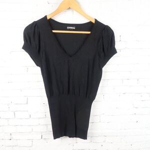 EXPRESS BLACK V NECK SHORT SLEEVE FITTED WAIST TOP SIZE SMALL
